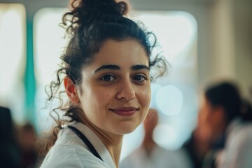 Fototapeta premium Engaging portrait of young doctor at seminar, showcasing professional dedication and commitment to learning.