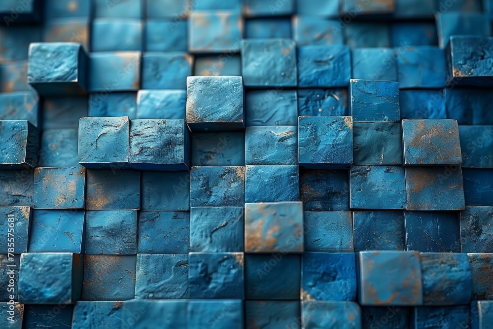 Poster a mesmerizing pattern of blue geometric cubes with a compelling symmetrical arrangement