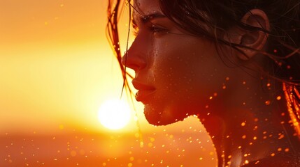 Serene Sunset Portrait: Woman Embracing Warmth of Golden Hour