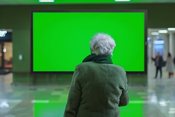 Ui mockup through a shoulder view of a elderly woman in front of a interactive digital board with an entirely green screen