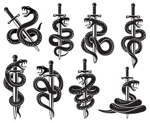 collection of snake and sword in tattoo style isolated on white background