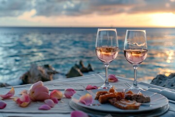 Romantic sunset dinner on the beach, set for two with luxurious cuisine and glasses of rose wine.