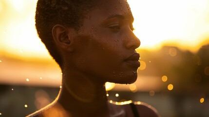 Golden Hour Serenity: Sweaty African Woman at Sunset