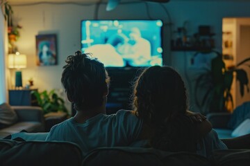 Intimate moment of an adult couple enjoying television together from behind, emphasizing their shared leisure time and companionship. - obrazy, fototapety, plakaty