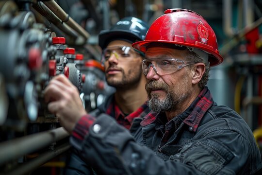 Two focused male workers in hard hats adjusting valves in an industrial setting
