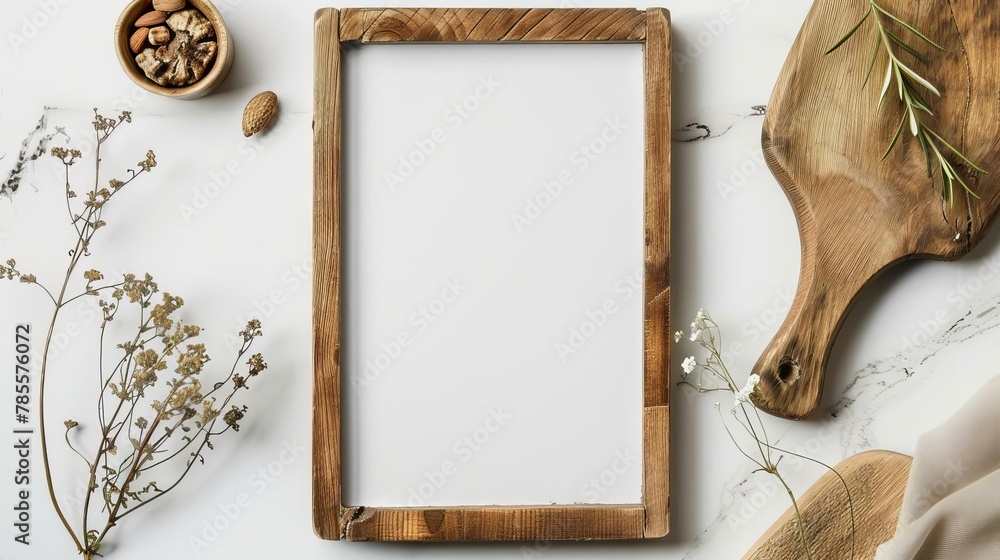 Aufkleber rustic wooden menu frame mockup with blank white paper on light background top view perspective
