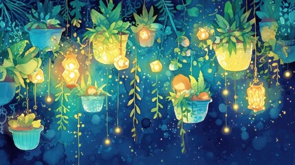 Obraz na płótnie Canvas Children Nestled in Tourmaline Flowerpots Beneath Twilight Canopy Illuminated by Glowing Fireflies