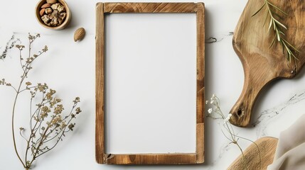 rustic wooden menu frame mockup with blank white paper on light background top view perspective