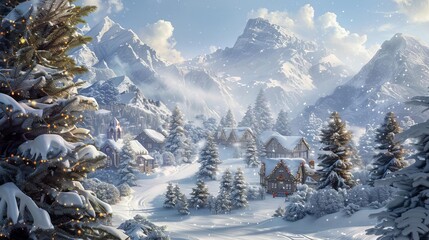 santas hidden village nestled behind mountains and surrounded by christmas trees and snow whimsical holiday scene digital matte painting - obrazy, fototapety, plakaty