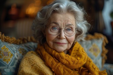 Older lady with glasses wearing a yellow scarf and a wise expression - obrazy, fototapety, plakaty