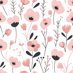 Pink flower pattern, seamless repeating pattern, white background, cute, soft pink, simple shapes, minimalist style
