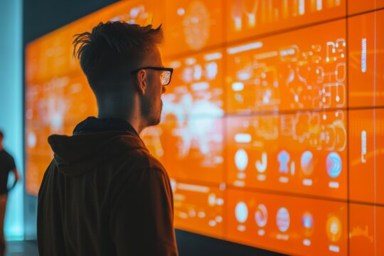 App display looking over a shoulder of a man in front of a interactive digital board with a fully orange screen