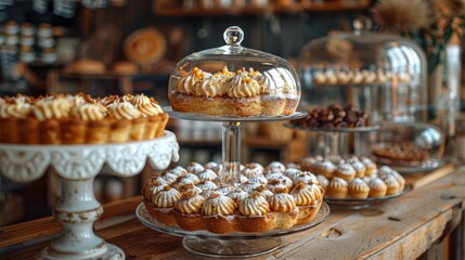   A selection of pastries is arranged in a glass case atop a table, surrounded by further pastry options - obrazy, fototapety, plakaty