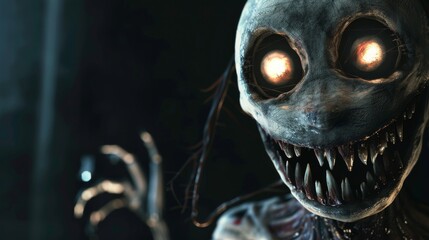 Sinister and eerie creature with glowing eyes and sharp teeth in a dark, ominous setting