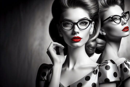 female model movie actress twins with vintage retro clothing and hair with eyeglasses spectacles blank copy space