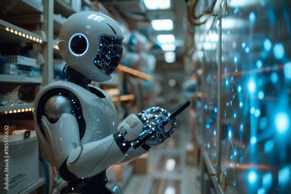 Poster this image captures a sleek robot interacting with a digital tablet amidst the shelves of a modern, 