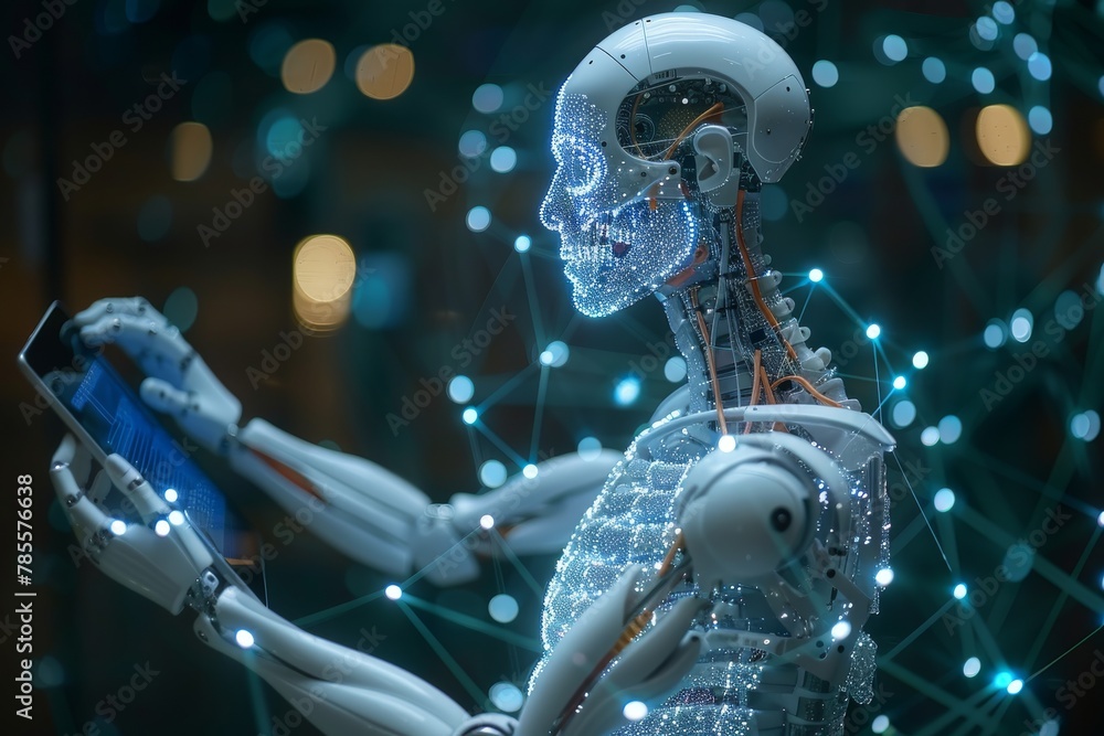 Aufkleber a visually rich portrayal of an advanced humanoid robot with a gleaming transparent head showcasing 