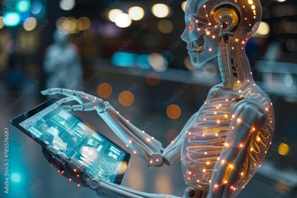 Poster an engaging depiction of a robot with electronic circuitry visible through its transparent body agai