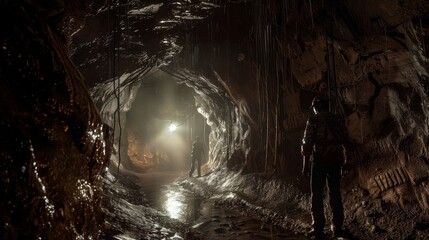 Silhouette of man in underground cave with light at end - obrazy, fototapety, plakaty