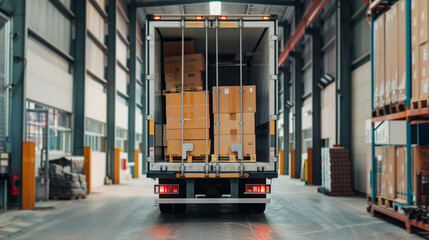 Naklejka premium Rear view of a large truck being loaded with boxes capturing the essence of streamlined operations at an industrial warehouse