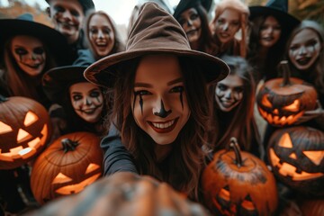 Halloween party, Selfies of a group of costumed women in makeup, positive and smiling, celebrating December 31, witch sabbath
