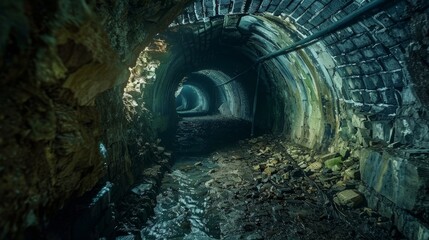 Abandoned underground tunnel of an old sewer system, characterized by an eerie atmosphere and dark, damp conditions - obrazy, fototapety, plakaty