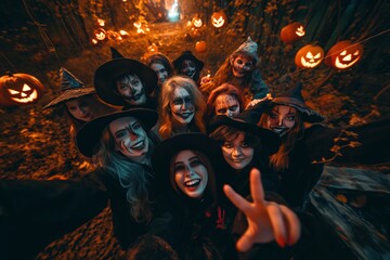 Halloween party, Selfies of a group of costumed women in makeup, positive and smiling, celebrating December 31, witch sabbath