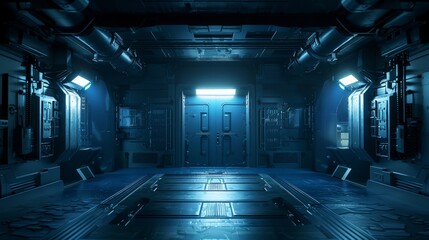 Futuristic room with metal sliding doors, dark, glowing