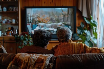 Couple bonding while watching TV at home from a rear perspective.