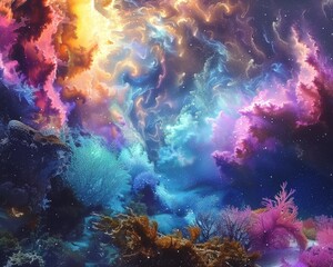 A vibrant digital artwork depicting cosmic coral reef,where ethereal corals marine life intertwine with celestial elements. scene evokes sense of wonder invites exploration fifth dimension and astral - obrazy, fototapety, plakaty
