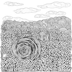 Field with haystacks. Grass. Haymaking. Coloring book page. Black and white vector illustration. Doodle style.