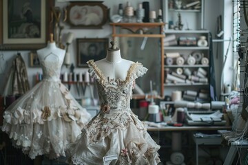 Haute couture craftsmanship. Intricate details of a fashion designer's studio