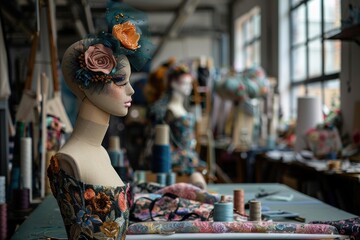 Detailed view of a fashion designer's studio, highlighting haute couture craftsmanship.