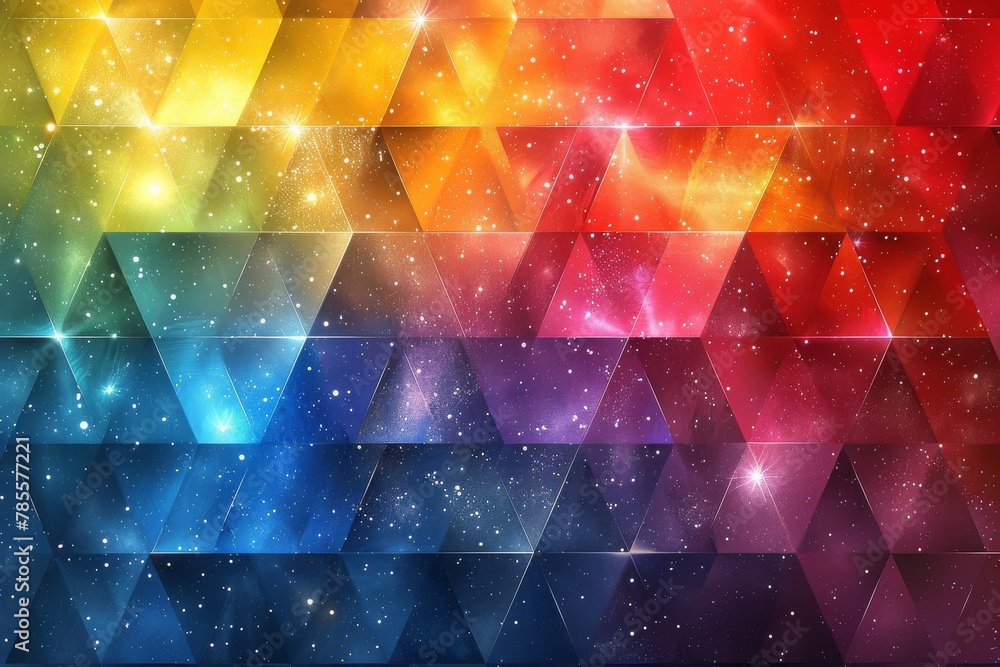 Poster this digital art features an abstract pattern of multicolored triangles with sparkling effects