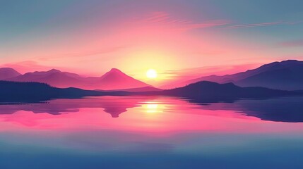 serene lakeside sunrise with vibrant colors and tranquil reflections minimalist vector illustration - obrazy, fototapety, plakaty