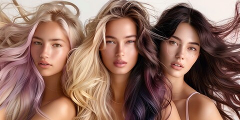 Fototapeta premium Beauty Photography, Trio of Women with Diverse Hair Colors Fashion Portrait