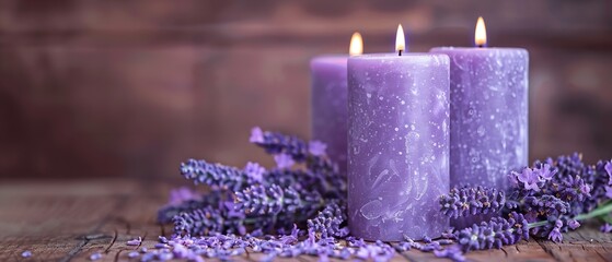 Close shot of lavender color candle with lavender flowers in backdrop with a big space for text or...