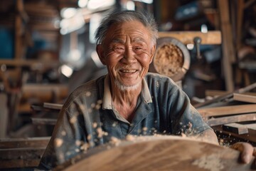 Portrait of skilled carpenter smiling warmly against bustling factory floor backdrop.