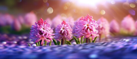 Naklejka premium Purple Muscari flowers background by sunset light in the garden