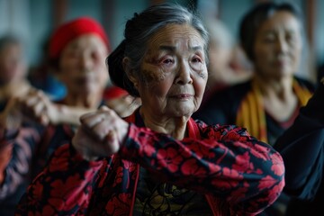 Fototapeta premium Group of seniors engaging in exercises under the guidance of a physiotherapist, embodying active aging and the pursuit of a healthy lifestyle.