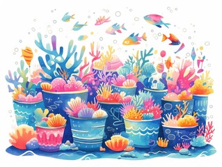 Coral Cove Carnival Children Frolicking in a Vibrant Underwater Amid Colorful Coral Flowerpots and Reef