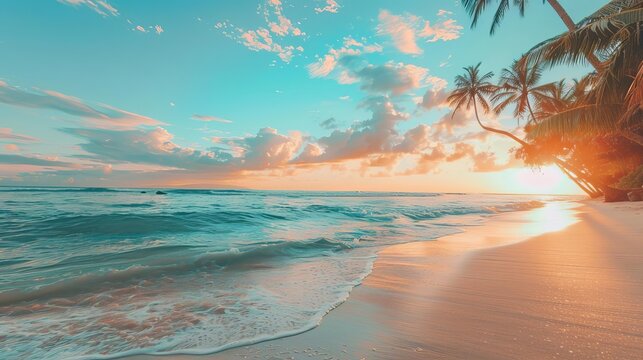 serene tropical beach with palm trees and turquoise ocean at golden hour tranquil landscape panorama