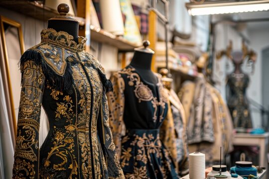Elegant fashion designer studio with mannequins, bolts of fabric, and sewing paraphernalia.