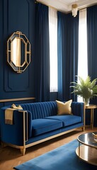Art Deco Modern Living Room with Blue Velvet Sofa