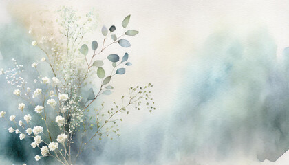 Naklejka premium Illustration of a greeting card template watercolor painting of delicate white gypsophila flowers and green leaves blended background. Mockup for invitation card. Generative Ai