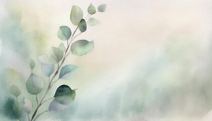 Naklejka premium Illustration of a greeting card template watercolor painting of delicate green leaves of eucalyptus branches blended background. Mockup for invitation card. Generative Ai