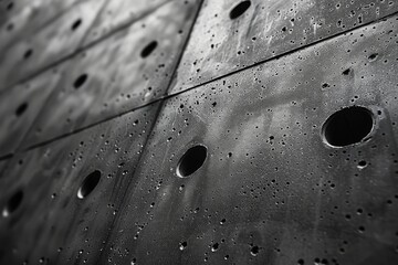 A detailed close-up of a metal surface with scattered water droplets showcasing textures and patterns