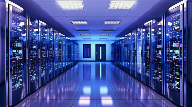 server room interior with rows of network racks supercomputer data center abstract technology background