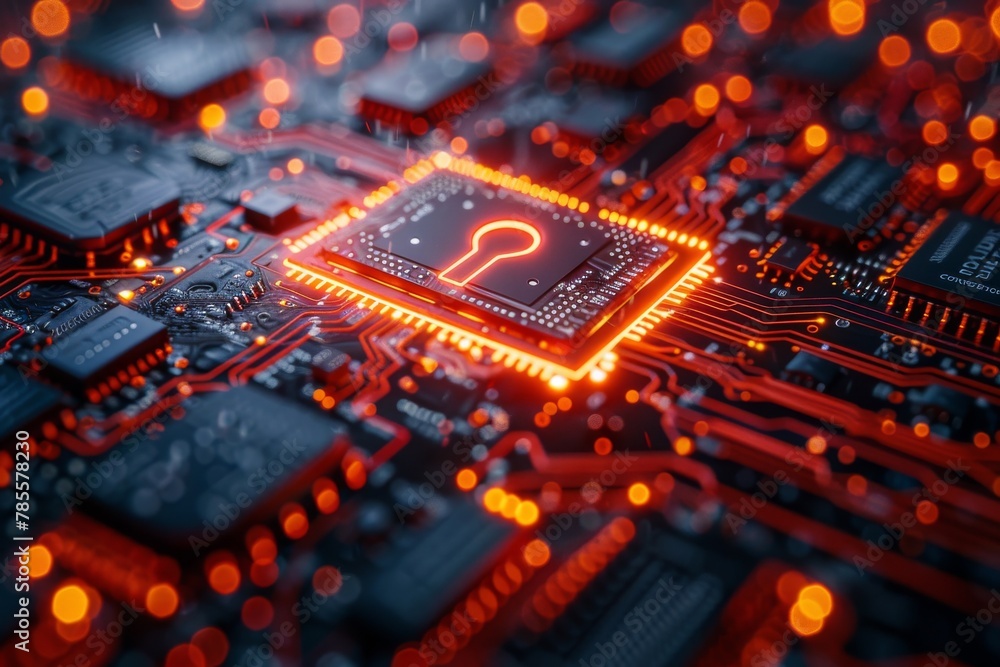 Poster complex and detailed image of a circuit board highlighting a central, glowing question mark