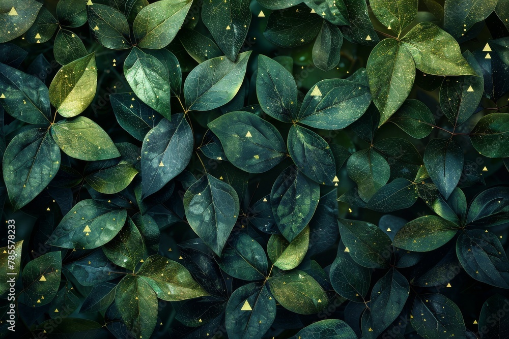Poster a captivating image of dark green leaves adorned with glowing triangle patterns